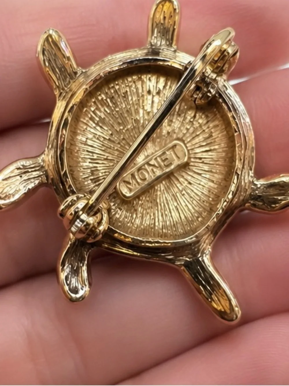 Monet Green Crystal Turtle Brooch Gold Tone Sea Turtle Pin Signed